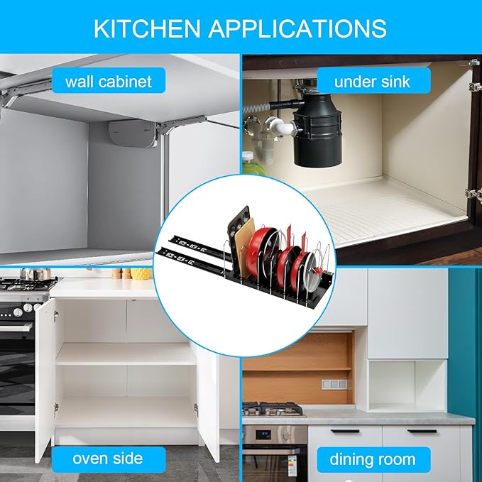 Pull Out Pots and Pans Organizer for Cabinet - Sliding Lid Holder and Pan Rack in Kitchen, Cabinet Pull Out Shelves, Slide Out Cabinet Organizer, Pot Lid, Bakeware and Pan Organizer, Set of 2 Packs