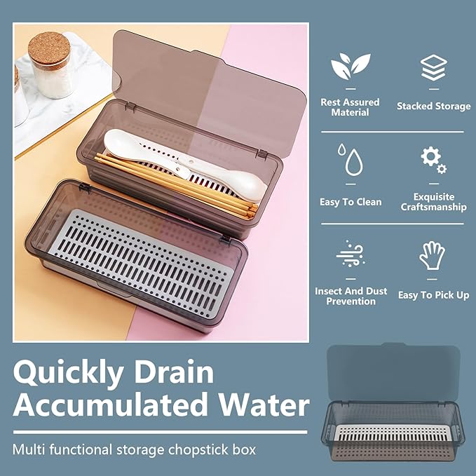 3PCS Flatware Tray with Lid and Drainer, Tableware Utensil and Cutlery Drawer Organizer with Lid Covered Silverware Tray to Keeps Your Cutlery Organized and Protected,Grey