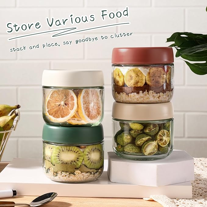 DIMBRAH 10oz Glass Jars with Lids - Set Of 4, Overnight Oats Containers with Lids, Practical Oatmeal Container to Go, Chia Seed Pudding Jars, with Spoon and Marker