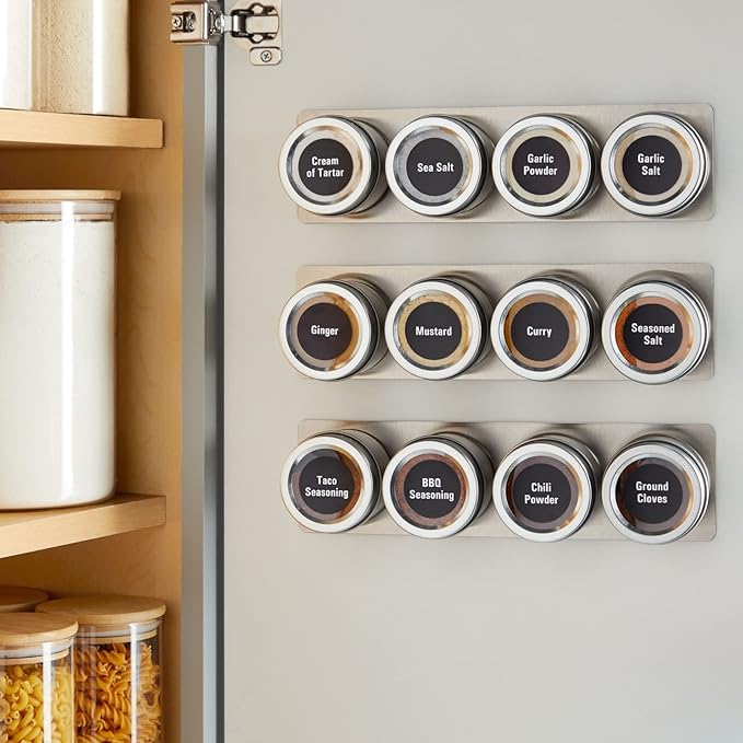 Talented Kitchen 12 Magnetic Spice Jars for Refrigerator with 3 Metal Wall Bases, 269 Preprinted Seasoning Labels, 2 Styles, 1 Cooking Conversion Chart, for 3 oz Containers - Magnetic Spice Containers
