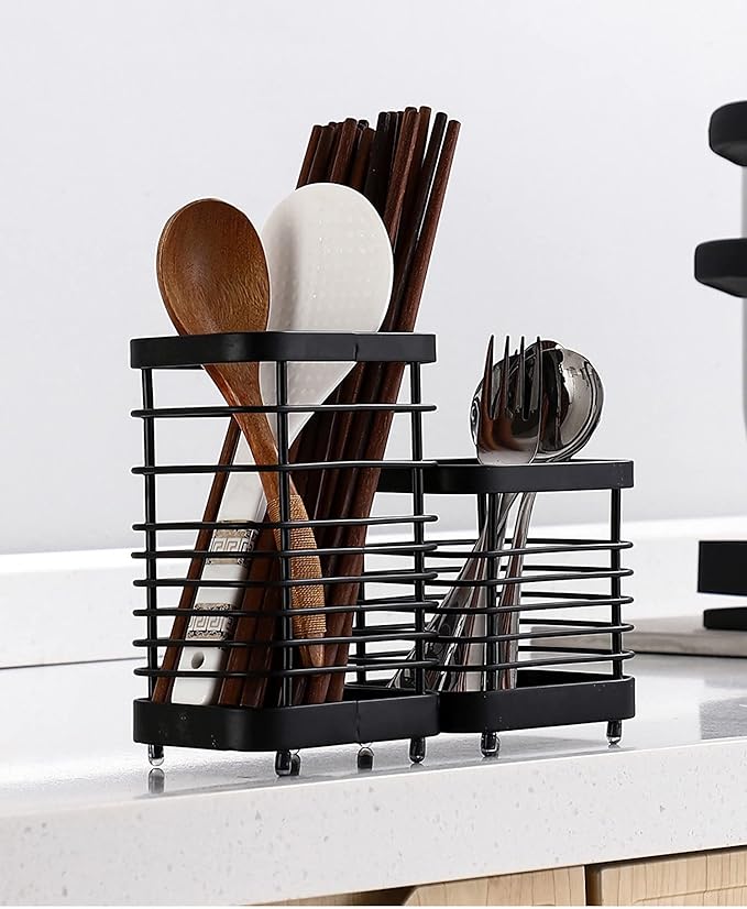 Stainless Steel Kitchen Utensil Holder Countertop, Drying Caddy, Cutlery Drainer, Rust-Proof Organizer (Black Plus)