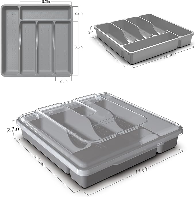 Utensil Holder for Countertop with Lid, Plastic Silverware Tray for Drawer, 5 Compartments Flatware Organizer, Gray