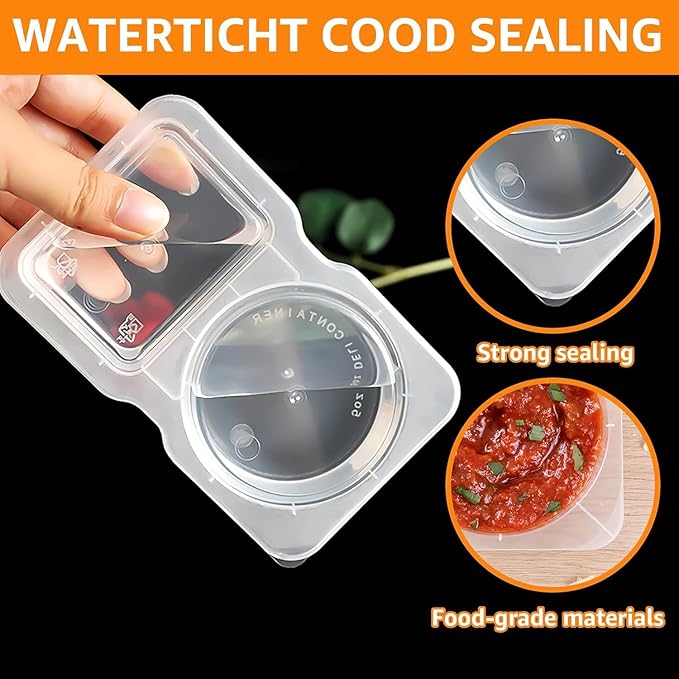7-Pack Reusable Double Compartment Condiment Containers with Lids - Leak-Proof 2-Section Disposable Snack Cups for Sauce, Dips, Sampling & Travel Portions