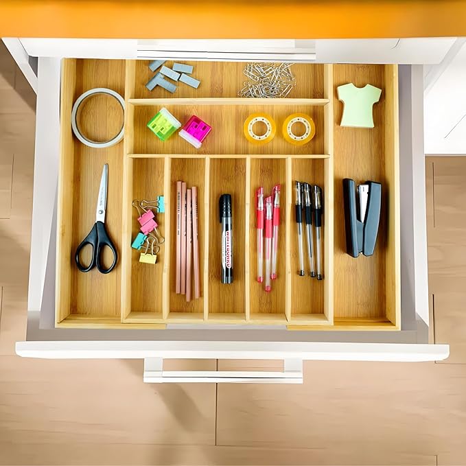 Expandable Drawer Organizer for Silverware Flatware Knives, Kitchen Utensil Organizer, Utensil Holder, Bamboo Wood Cutlery Tray in Drawer for Spoons Forks