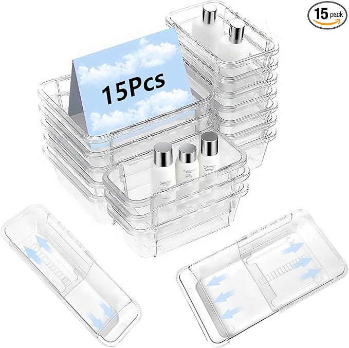 15 Pcs Clear Extendable Drawer Organizer,Adjustable Vanity Storage Box, 2-Size Desk Drawer Organizer, Acrylic Storage Bin for Makeup, Cosmetic,Desk Organizer Gadgets for Bathroom Bedroom Kitchen