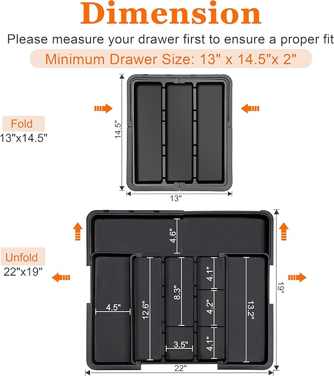 Large Utensil Drawer Organizer Expandable Silverware Organizer for Kitchen Drawer Adjustable Cooking Utensil Holder Cutlery Flatware Tray Spatula Tools Gadgets Storage Dividers Plastic Black