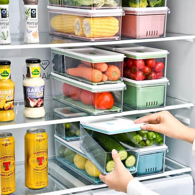 Lille Home Stackable Produce Saver, Organizer Bins/Storage Containers with Removable Drain Tray, Set of Six, for Refrigerators, Cabinets, Countertops and Pantry, BPA Free (Set of Six)