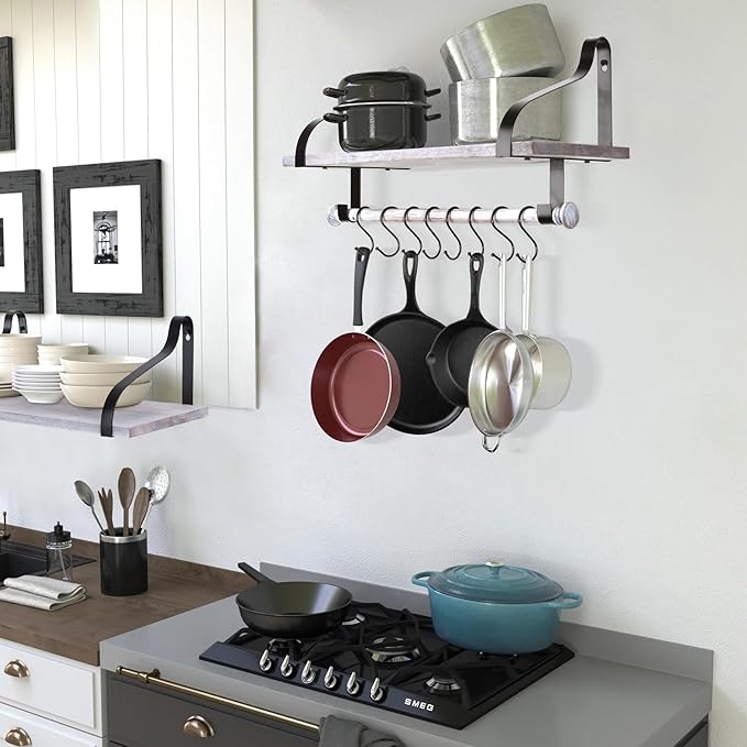 Gurfury Wooden Hanging Pot Rack with 8 hooks - Farmhouse Style Wall Mount Multifunctional Cookware Organizer Rack Kitchen Storage for Pans Utensils (New White)