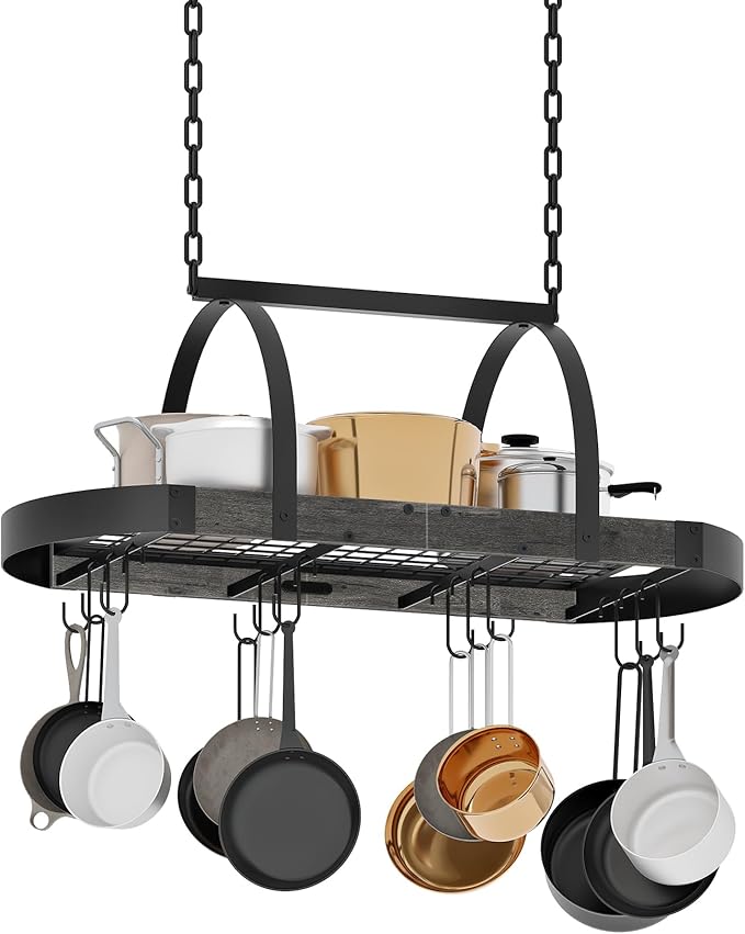Hanging Pot Rack, Pot Hanger for Kitchen, Ceiling Mounted Pot Holder, Cookware Organizer with 12 S-Shaped Hooks, for Pot, Pan Storage, Space-Saving, Charcoal Black and Black TPR08BCC1