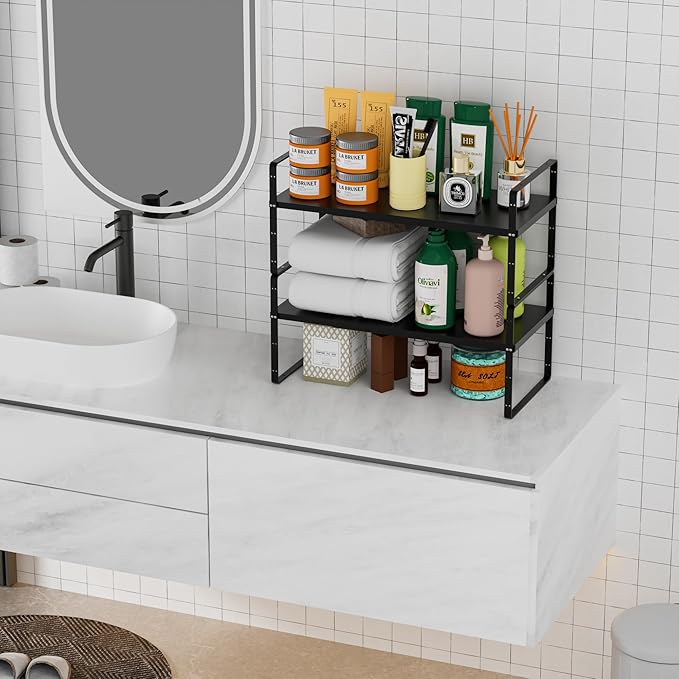 Cabinet Organizer Shelf Expandable in Cabinet Storage Shelf Kitchen Cupboard Organizer Stackable Spice Rack Kitchen Pantry Countertop Storage,8.07" D,Black