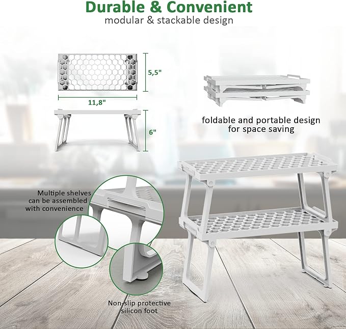 ums Kitchen Cabinet Shelf Organizers, White Plastic Stackable Freezer Rack, Shelf Riser, Usable Storage Rack for Your Spice, Refrigerator, Pantry (12 X 5.5 inch) Fridge Shelf Riser Pack of 2