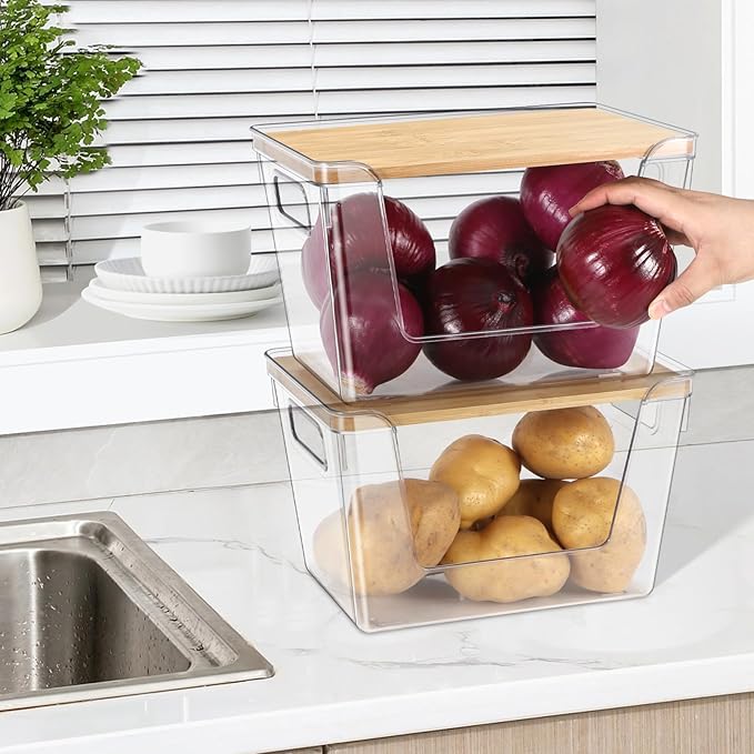 2 Set Potato Onion Storage Containers and Pantry Organizers Bin BPA-Free, Stackable Clear Plastic Storage Basket with Lid & Handle for Kitchen Counter, Cabinet, Fridge for Fruit, Vegetable, Produce