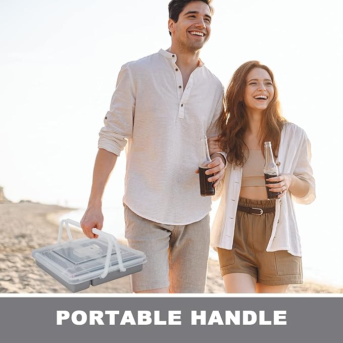 Portable Utensil Holder for Countertop with Lid & Handle, Plastic Silverware Tray for Drawer Flatware Organizer, Gray