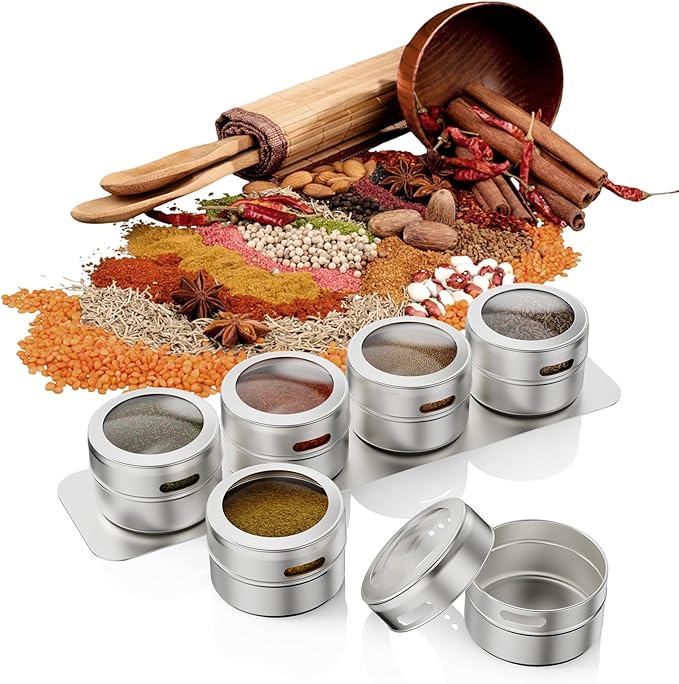 Set of 16 Magnetic Spice Tins with 4 Metal Wall-Plates,100 Preprinted Seasoning Label Stickers,2 Styles for 3 oz Herb Jars