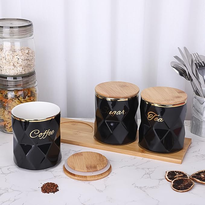 JUXYES Ceramic Canisters Set for Sugar Coffee Tea, Luxurious Storage Containers Set with Lids Decorative Storage Pots Black Storage Jar for Kitchen Counter Dining Room