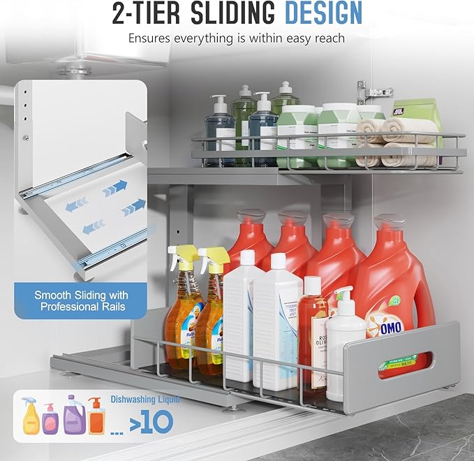 2 Pack Under Sink Organizer Upgrade to Professional Rails,2-Tier Dual Pull Out Cabinet Storage,Height Adjustable Slide Out Drawers for Bathroom Kitchen,Under Sink Shelf-Gray
