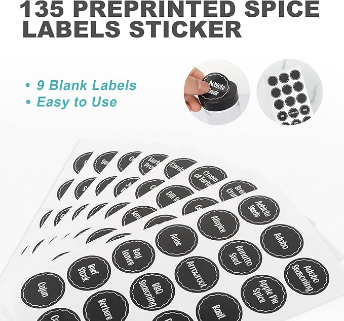 Black Countertop Rotating Spice Rack - Empty 20-Jar Revolving Organizer, Round Carousel Tower, 135 Labels With Funnel Complete Set for Kitchen Countertop, Cabinet