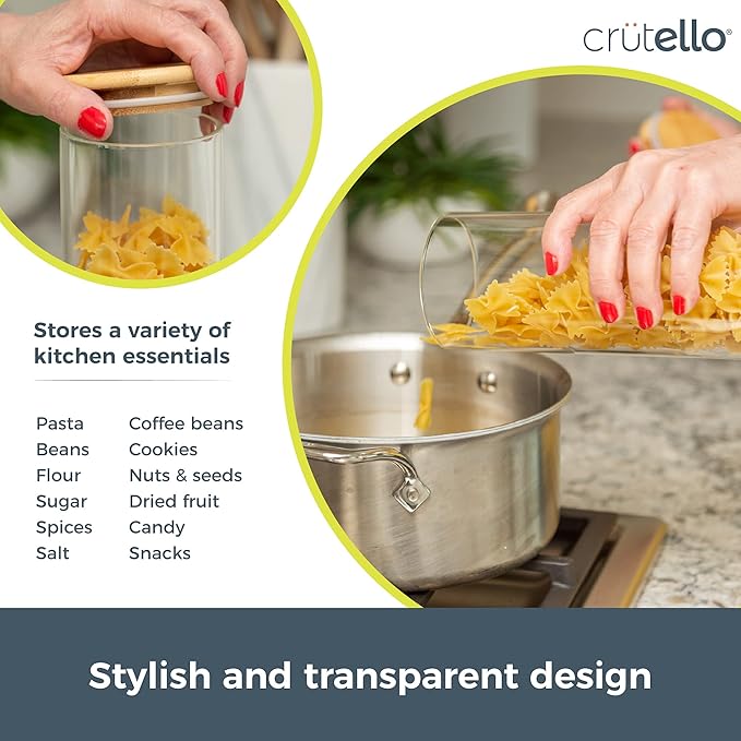 Glass Food Storage Containers with Bamboo Lids, 3 Pack - 32 Fluid oz Airtight Clear Kitchen Organization Canisters