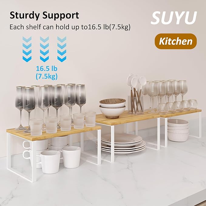 SUYU Set of 4 Kitchen Cabinet Organizer Shelf,Bamboo Spice Rack,Space-Saving Countertop Organizer for Kitchen, Office, or Closet, Stackable and Nesting Shelves,White and Natural SCW202B
