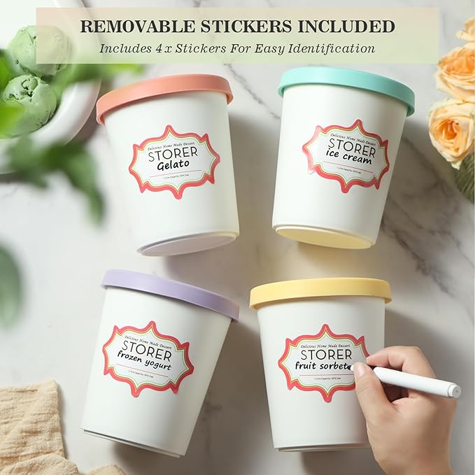Set of 4 Ice Cream Containers for Homemade Ice Cream(1 Quart Each),Reusable Plastic Storage Containers Cups with Lids for Freezer,Stackable Storage Container for Gelato,Yogurt, Sorbet