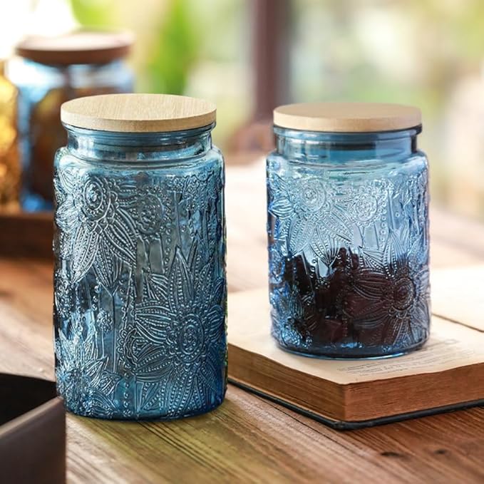 Vintage Glass Jar with Bamboo Lid, 23.7oz Blue Glass Jars, Decorative Mason Jar for Home Kitchen Storage Coffee Tea Sugar Candy Dish Cute Jar (Blue, 1Pack)