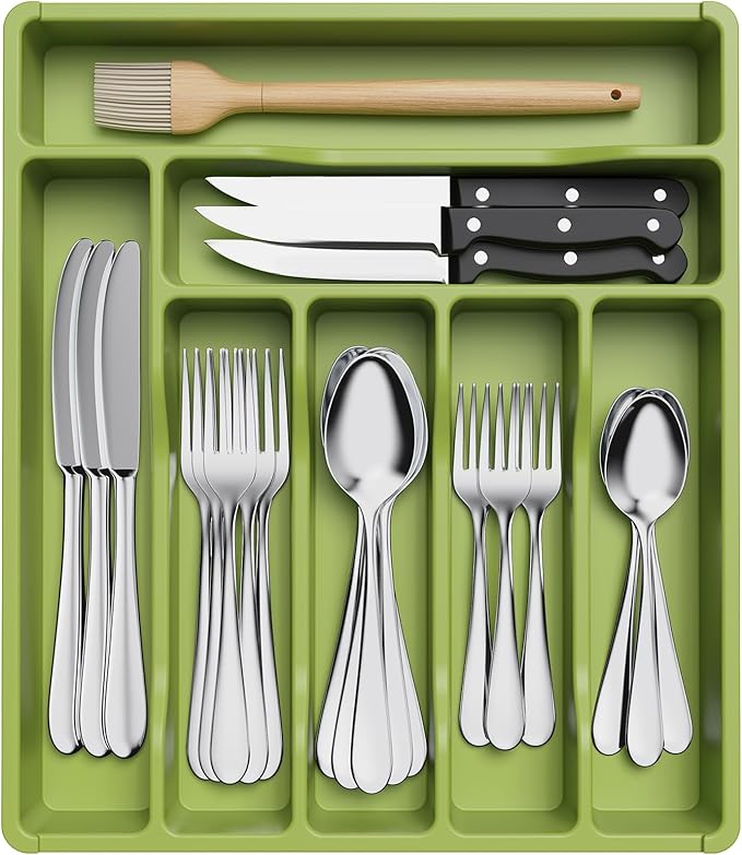 Lifewit Silverware Drawer Organizer Tray, Plastic Cutlery Storage for Kitchen Drawer, Flatware and Utensil Holder Divider for Spoons Forks Knives Tableware, 7 Compartment, Green