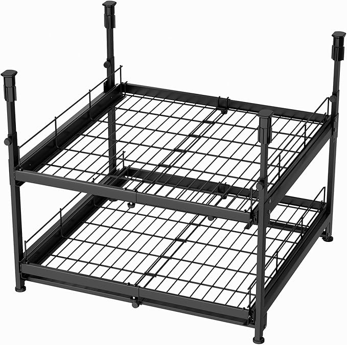 Adjustable 2-Tier Pull Out Cabinet Organizer, Expandable 13"-21" Wide, No-Drill Kitchen Cabinet Organizer for Pots and Pans, Smooth Slide-Out Shelves for Under Cabinet Storage – 21" Deep, Black