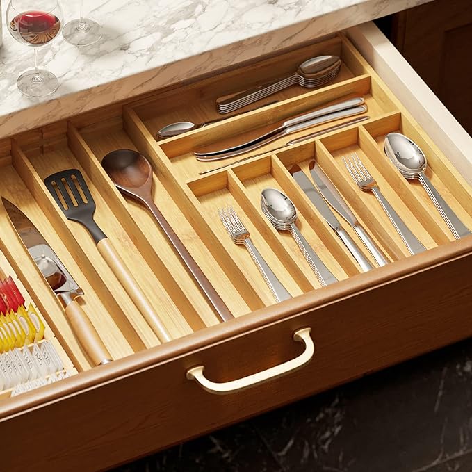 SpaceAid Bamboo Silverware Drawer Organizer with Labels, Kitchen Utensil Expandable Tray Holder Organizer for Flatware, Cutlery, Spoon and Knives Drawer Storage Organization (Natural, 10 Slots)