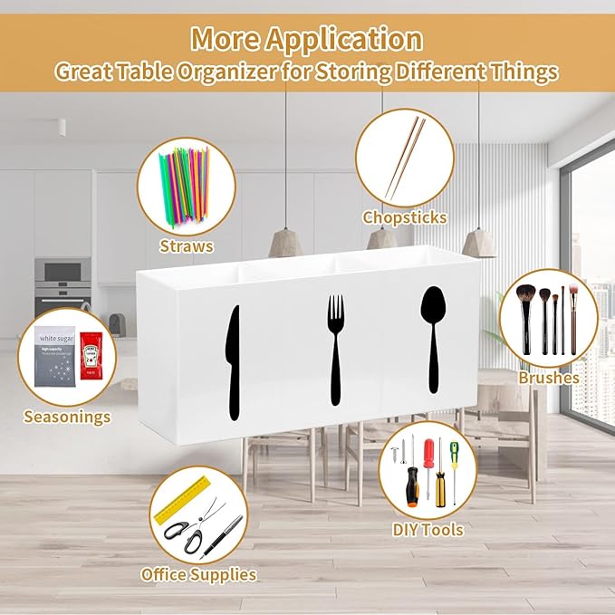 Plastic Utensil Holder, Knife Fork and Spoon Holder Silverware Caddy, Acrylic Kitchen Cutlery Storage Box, Flatware Organizer for Countertop, Indoor Outdoor Party Tableware Holder (White)