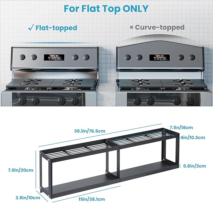 OTraki 2 Tier Strong Magnetic Oven Shelf 30 Inch Length Spice Rack Over The Stove Shelf with 2 Anti-Slip Mats Seasoning & 4 Hooks Kitchen Spice Storage Organizer Black