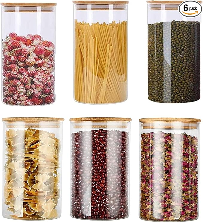 Glass Food Storage Jars Containers, 32oz Glass Storage Jar with Airtight Bamboo Lids Set of 6 Kitchen Glass Canisters For Coffee, Flour, Sugar, Candy, Cookie, Spice and More