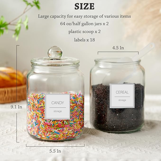 Half Gallon Large Glass Jars with Lids, Airtight Storage Clear Containers for Kitchen, Laundry Room and Pantry Food Organization, Set of 4