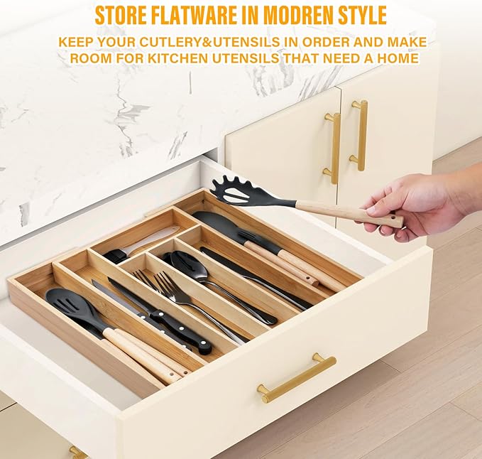 Expandable Silverware Organizer Utensil Drawer Organizer,14 Inch Silverware Tray for Kitchen Drawer,Bamboo Flatware Tableware Cultery Caddy Tray Home Essentials Utensils Holder,15"D x 14"W x 2"H