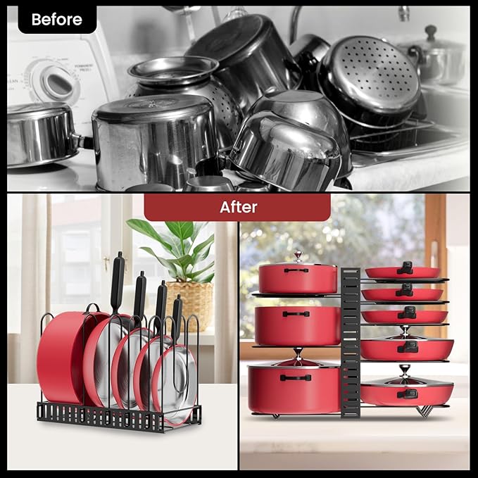 Podxco Pot and Pan Organizer for Under Cabinet, 8 Tiers Adjustable Pan Organizers Inside Cabinet with 3 DIY Methods, Upgrade of Pan Organizer Balance Ability, Kitchen Pan Rack Organizer for Cabinet