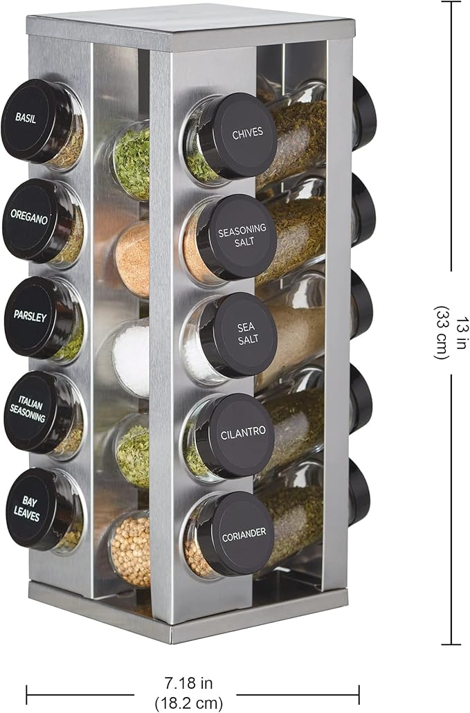 Kamenstein 20 Jar Heritage Revolving Countertop Spice Rack Organizer with Spices Included, FREE Spice Refills for 5 years, Brushed Stainless Steel with Black Caps