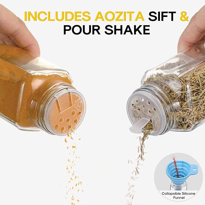 AOZITA 14 Pcs Spice Jars with Bamboo Lids - 4oz Square Spice Bottles with Spice Labels, Shaker Lids, Funnel