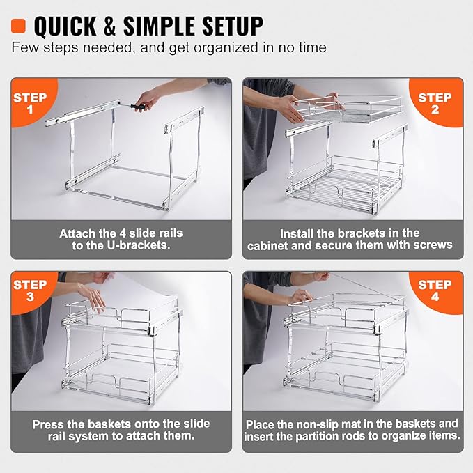 VEVOR 2 Tier 12.7" Wx21 Dx3.1" H Pull Out Cabinet Organizer, Heavy Duty Slide Out Pantry Shelves, Chrome-Plated Steel Roll Out Drawer for Under Sink, 11.8" Wx20.3" Dx3.1"H Install Size for Cabinet
