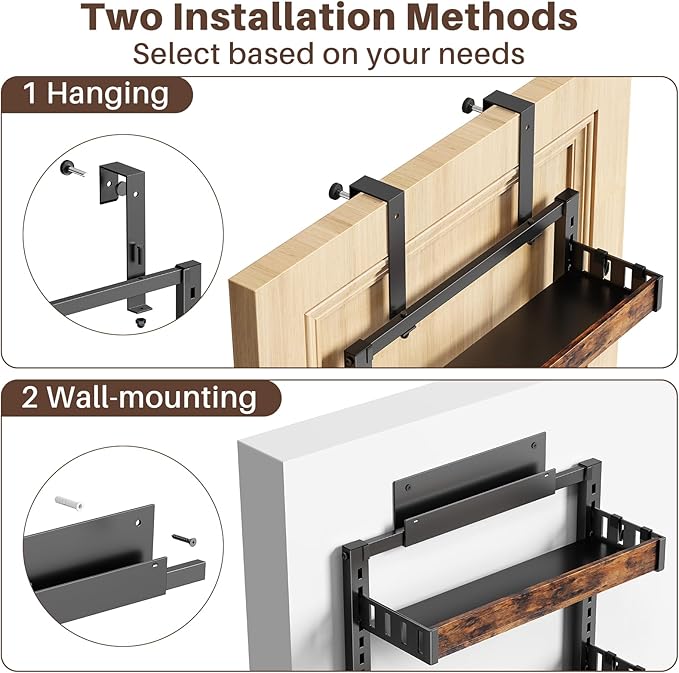 8 Tier Over The Door Pantry Organizer, 2 IN 1 Wall Mount or Metal Hanging Spice Rack for Pantry Organizers and Storage, Seasoning Shelves,Adjustable Basket with Hooks for Kitchen, Bathroom,Laundry