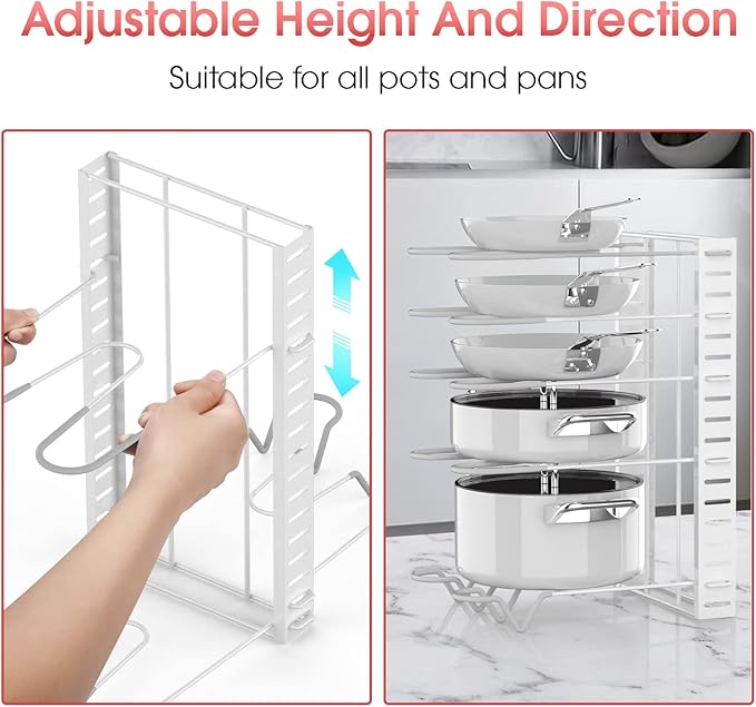 G-TING Pot Rack Organizers, 8 Tiers Pots and Pans Organizer for Kitchen Organization & Storage, Adjustable Pot Lid Holders & Pan Rack, Lid Organizer for Pots and Pans with 3 DIY Methods(White)