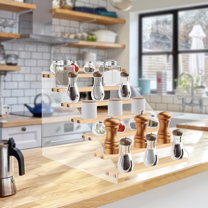 Homakover Tiered Spice Rack Acrylic Wood Board Organizer for Cabinet, Seasoning Shelf, Space Saving Clear Stand Step Can Kitchen Countertop Storage Organization, 7 Tier
