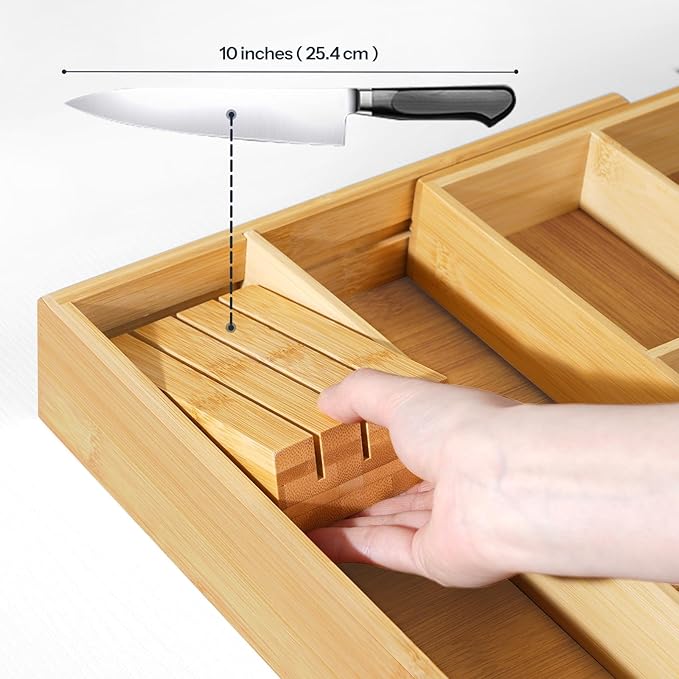 HO0BRO Large Silverware Organizer Kitchen Drawer Organizer, Magnetic Connected Expandable Utensil Organizer From 22 to 35 Inches, Bamboo 16 Slots Cutlery Tray with Knife Holder, Natural YL07TL01