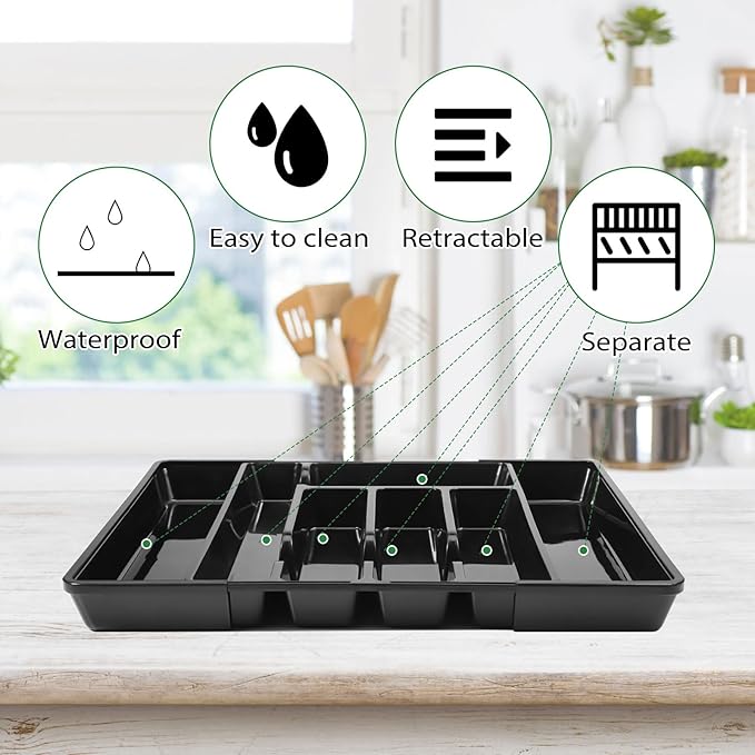 Utensil Drawer Organizer, Expandable Silverware Drawer Organizer Adjustable Kitchen Drawer Organizer Cutlery Drawer Utensil Tray Flatware Tray for Forks Spoons Knife Organizer(Large, Black)