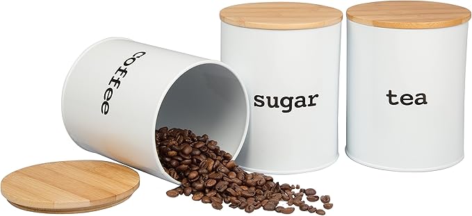 Kitchen Canister Set with Air Tight Bamboo Lids- 3 Food Storage Containers for Coffee, Tea and Sugar