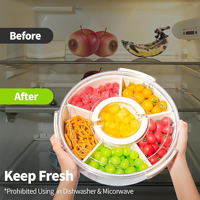 Veggie Tray with Lid and Handle, Divided Serving Tray, Snack Spinner, Portable Snackle Boxs for Candy Fruits Nuts, Clear Fridge Organizer and Storage for Party, Picnic, Travel, Beach