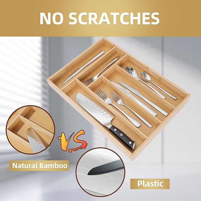Silverware Organizer Kitchen Drawer Organizer Utensil Organizer Bamboo Silverware Holder Cutlery Organizer in Drawer Flatware Organizer Tray(6 slots, Natural