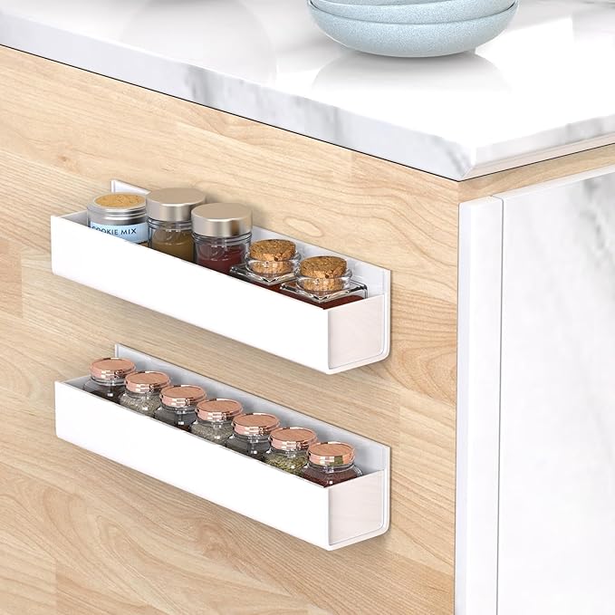 VAEHOLD Adhesive Acrylic Spice Rack with Nano Double Sided Tape Wall Mount Organizer Wall Spice Rack With Shelf Ends for Kitchen Cabinet Door - 2 Pack 12'' Shelves (White)
