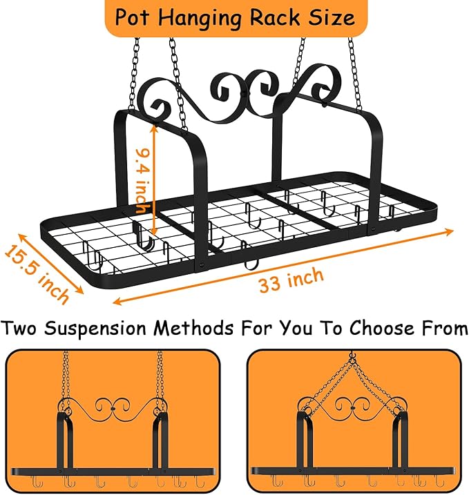 33” Black Pot Rack Hanging, Heavy Duty Metal Ceiling Pot Rack with 15 Hooks, Pot and Pan Hanging Rack Organizer for Kitchen Cookware Utensils