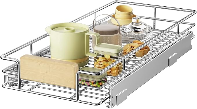 LOVMOR Pull Out Cabinet Organizer with Wooden Handle, 10½" W x 21½"Heavy Duty Cabinet Drawers Shelves Slide Out Organizer for Kitchen, Pantry