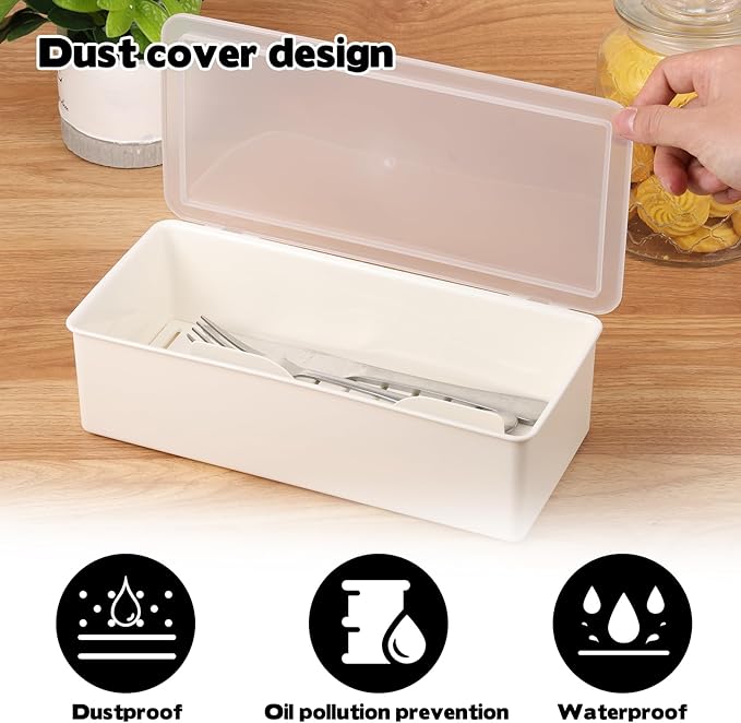 Rainmae 3Pcs Flatware Tray with Lid and Drainer, Large Plastic Silverware Utensil Kitchen Drawer Organizer Clear Cutlery Storage Container with Cover Dinnerware Spoon Knife Holder for Home and Travel