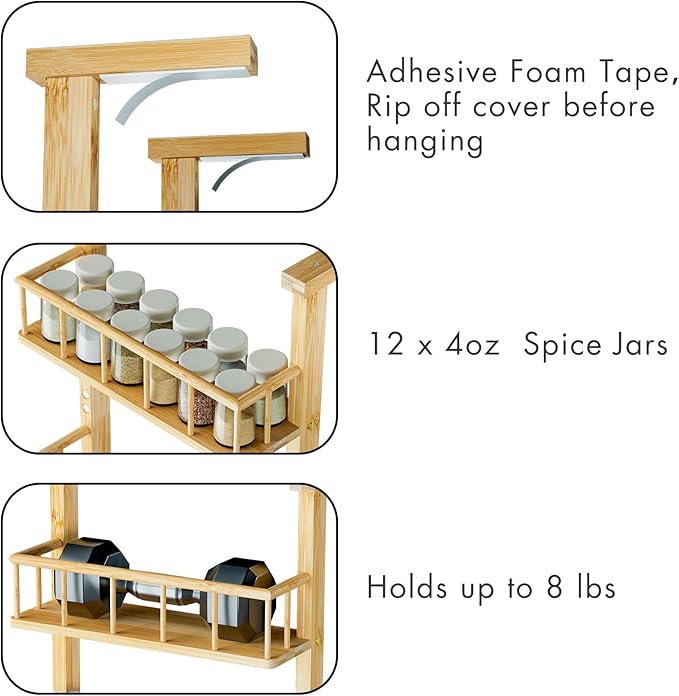 Hanging Spice Rack for Refrigerator - 3 Tier Bamboo Kitchen Counter Shelf Organizer for Can Seasoning Storage, Adhesive to Fridge & Pantry Side